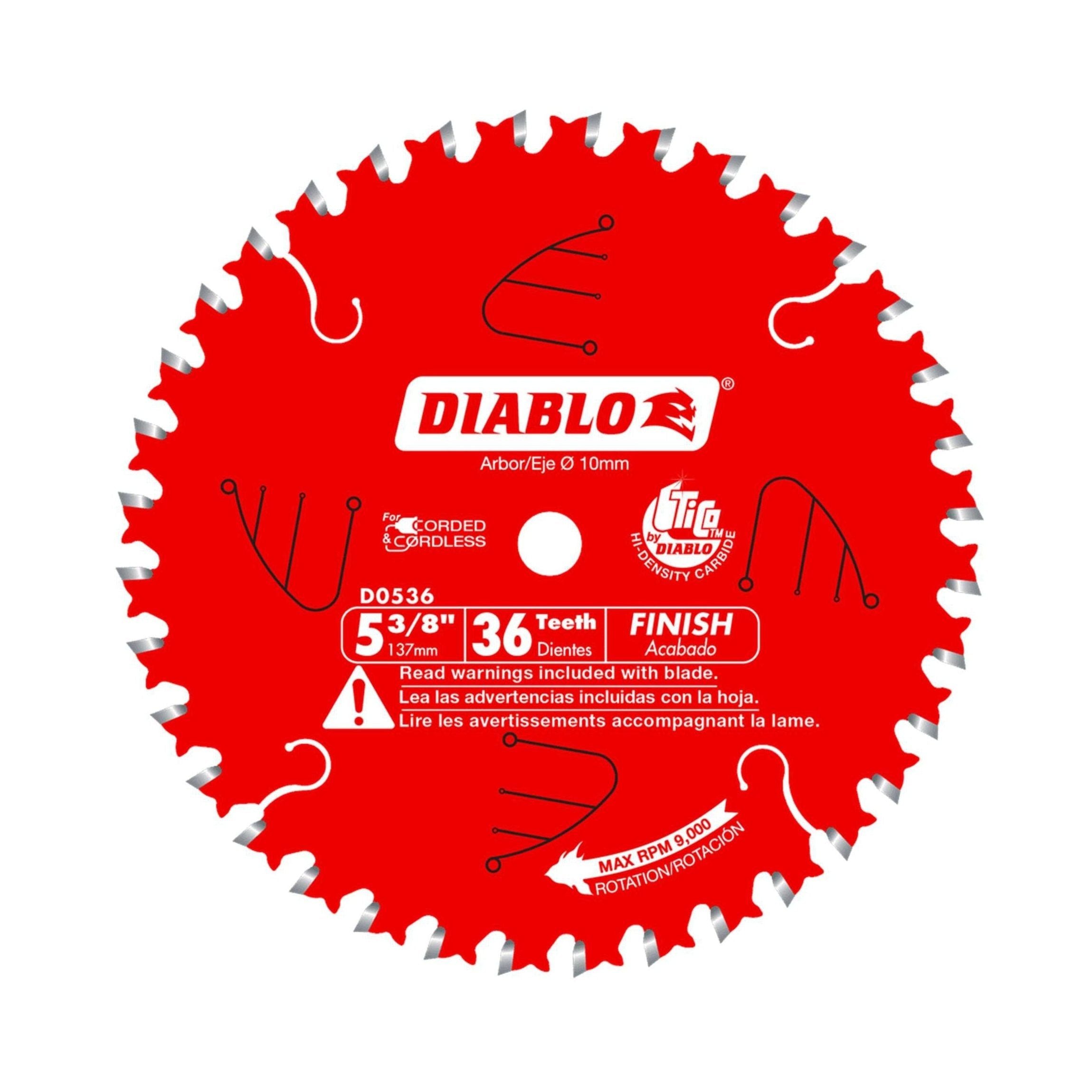 The Diablo DIABLO D0536X saw blade, 5 3/8 inches in diameter with 36 teeth, features a thin kerf for precision. It displays Corded/Cordless capability with clear English and Spanish warning labels and rotation direction.