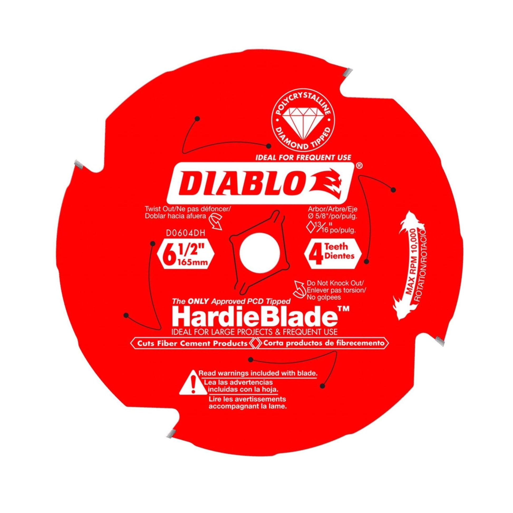 The DIABLO D0604DHA 6-1/2 fiber cement saw blade features four PCD-tipped teeth and is ideal for James Hardie products. It includes safety warnings and usage instructions.