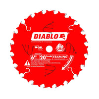 The DIABLO D0620X 6 in. x 20-Teeth framing saw blade for wood by Diablo features TiCo Hi-Density carbide and a thin kerf design for precision, with a 6-inch diameter, Perma-SHIELD non-stick coating, plus brand markings and safety warnings on its surface.