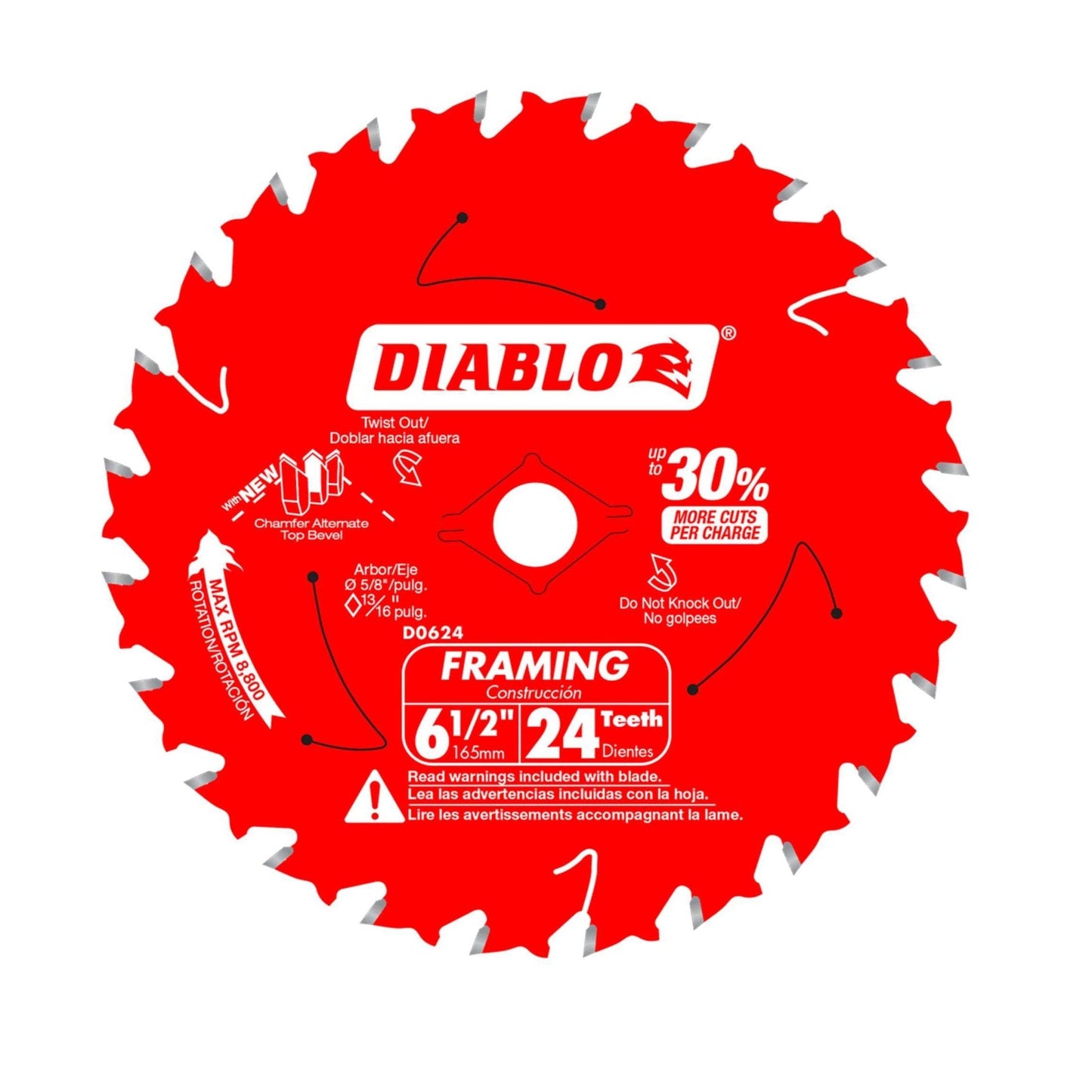 The DIABLO D0624A 6-1/2 in. x 24-Teeth Framing Saw Blade for Wood, branded Diablo, is expertly crafted with TiCo™ Hi-Density carbide specifically for framing tasks. This blade is optimized for use in cordless saws, providing excellent efficiency and durability. It includes detailed specifications, warning icons, and user-friendly diagrams to enhance ease of use.