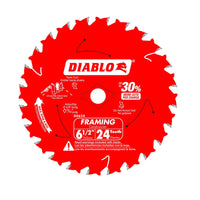 The DIABLO D0624A 6-1/2 in. x 24-Teeth Framing Saw Blade for Wood, branded Diablo, is expertly crafted with TiCo™ Hi-Density carbide specifically for framing tasks. This blade is optimized for use in cordless saws, providing excellent efficiency and durability. It includes detailed specifications, warning icons, and user-friendly diagrams to enhance ease of use.