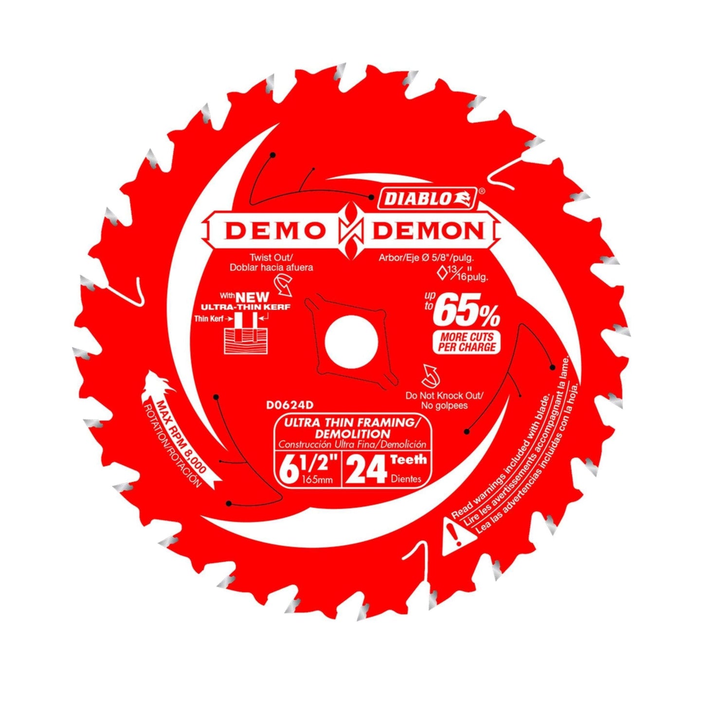The DIABLO D0624DA by Diablo is a 6.5-inch, 24-tooth Demo Demon™ saw blade for wood that features an ultra-thin kerf design for improved durability and cutting speed.