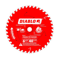 The DIABLO D0641A 6-1/2 in. x 40-Teeth Finish Trim Saw Blade by Diablo, designed for wood cutting, has TiCo Hi-Density carbide and a Non-stick Perma-Shield Coating. It includes bilingual safety instructions for both corded and cordless tools.