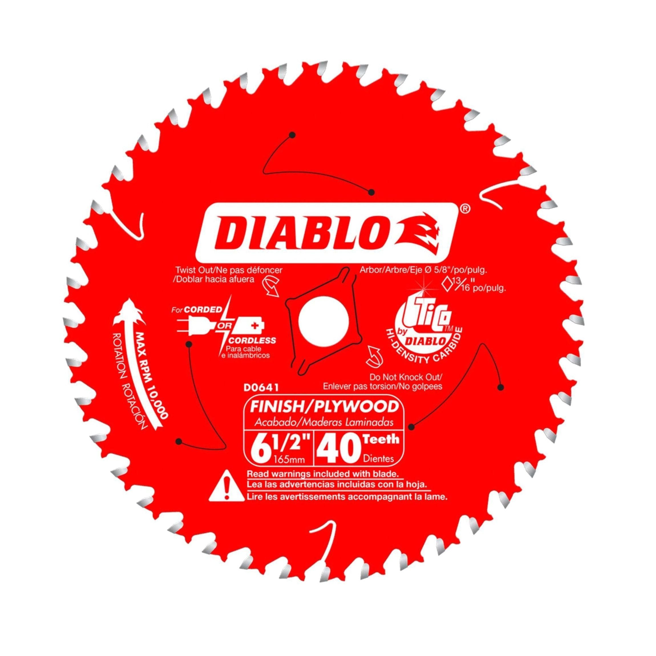The DIABLO D0641A 6-1/2 in. x 40-Teeth Finish Trim Saw Blade by Diablo, designed for wood cutting, has TiCo Hi-Density carbide and a Non-stick Perma-Shield Coating. It includes bilingual safety instructions for both corded and cordless tools.