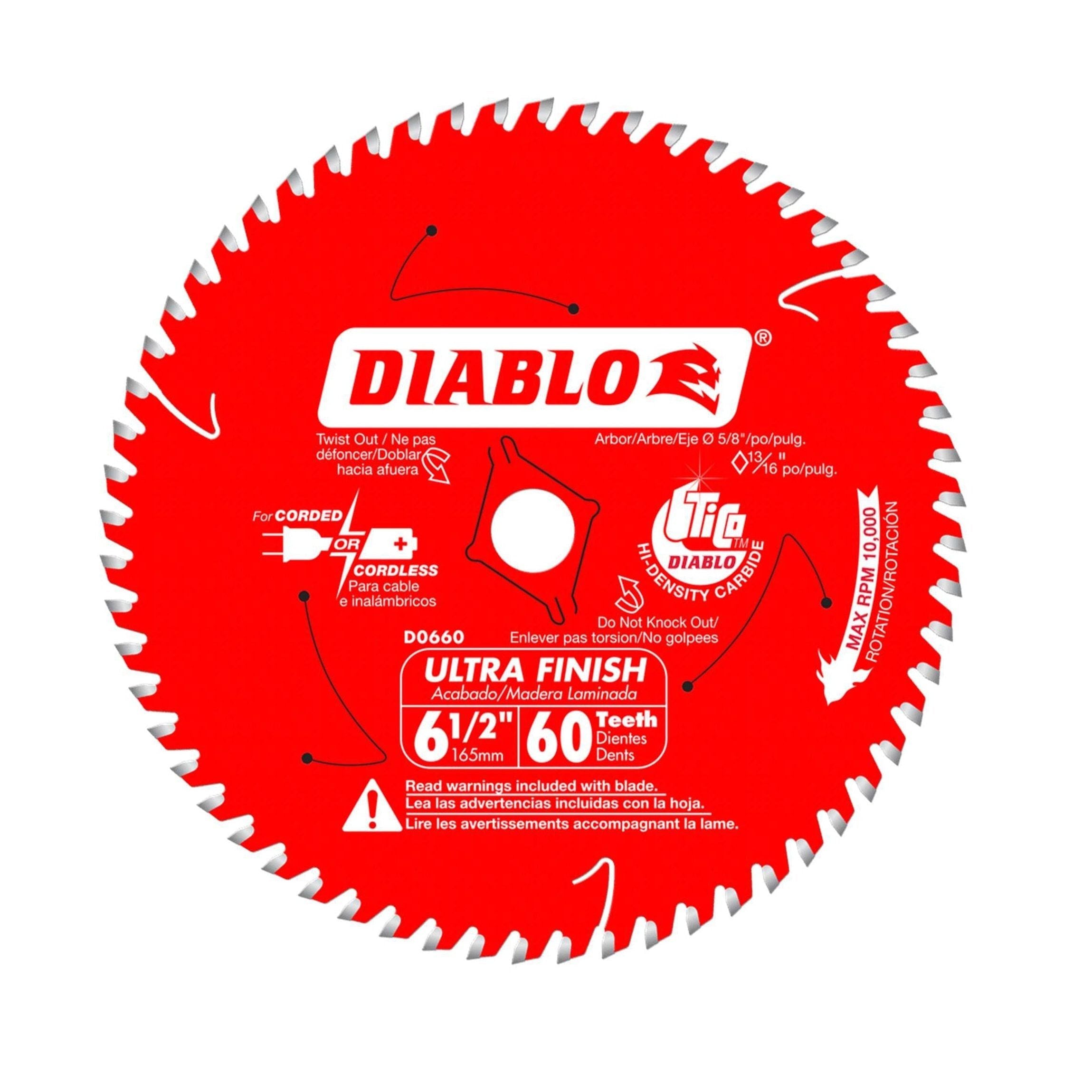 The DIABLO D0660A is a 6-1/2 inch circular saw blade with 60 teeth, designed for ultra-finish cuts in wood. Suited for corded and cordless tools, it features TiCo Hi-Density carbide, safety markings, and ownership messages.