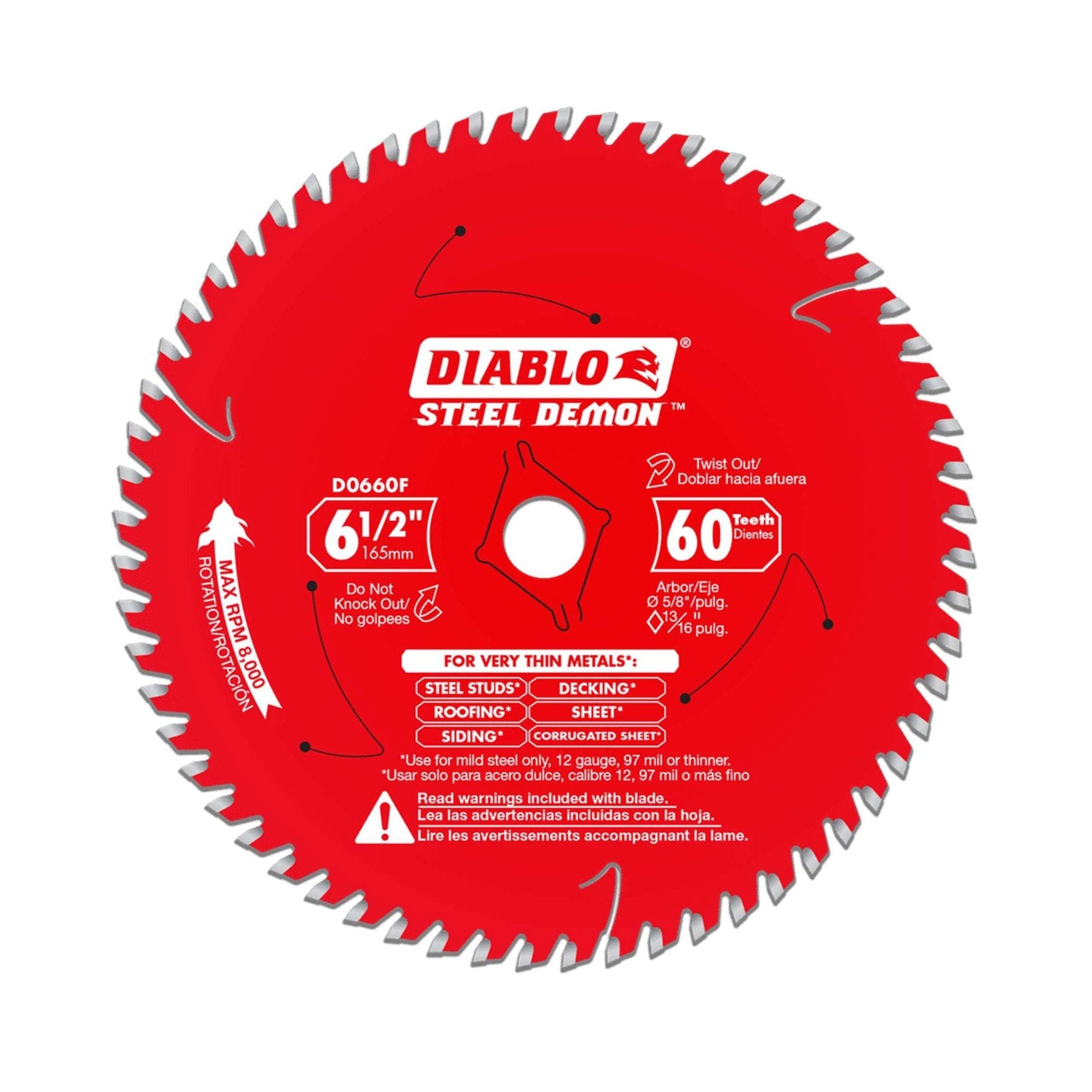 The DIABLO D0660FA 6½ x 60-Tooth Steel Demon™ Saw Blade is ideal for cutting thin mild steel. Featuring TiCo Hi-Density Carbide and a Triple Chip Grind design, it includes a hanging hole, detailed instructions, and safety icons around the center hub.