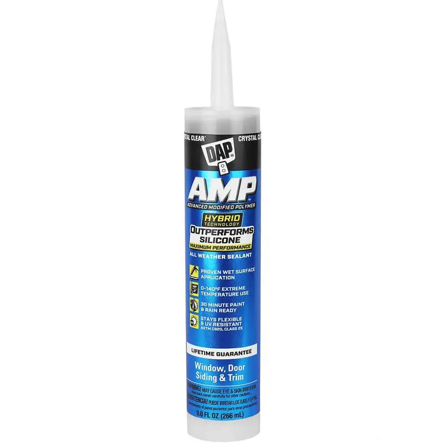 A 9-oz tube of DAP AMP Advanced Modified Crystal Clear Polymer All Weather Window, Door and Siding Sealant features a pointed nozzle and blue label highlighting its waterproof, weather-resistant, and fast-curing properties.