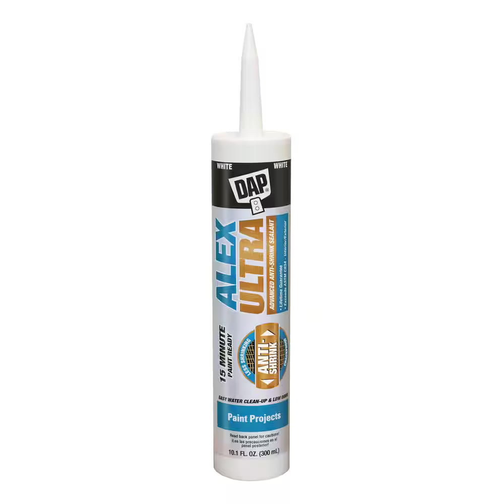 A 10.1-oz. tube of DAP Alex Ultra White Advanced Anti-Shrink Sealant features a pointed nozzle, 15-minute paint readiness, all-weather use, and mold/mildew resistance.
