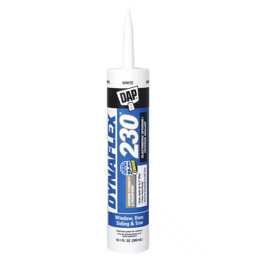 A 10.1 oz tube of DAP Dynaflex 230 White Premium Elastomeric Exterior/Interior Window, Door and Trim Sealant, with blue and white labeling and a pointed nozzle, ideal for sealing windows, doors, and trim.