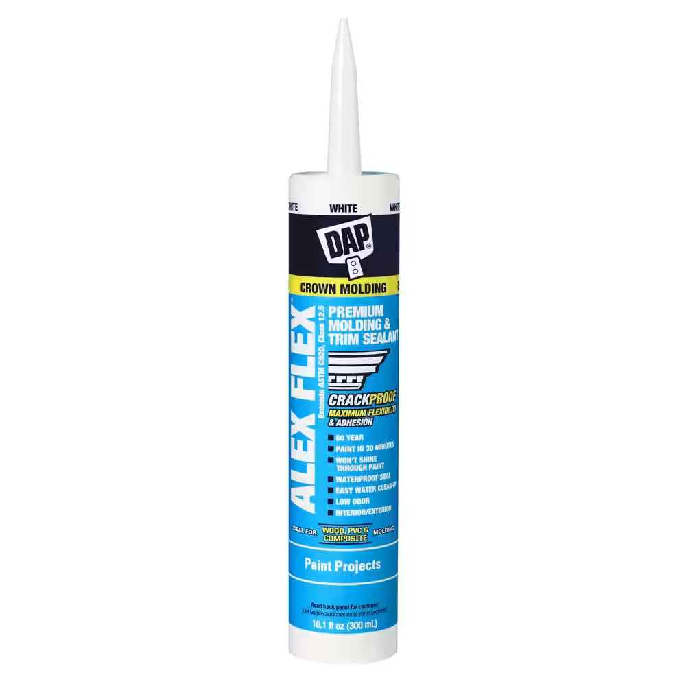 A 10.1 oz. tube of DAP Alex Flex White Latex Premium Molding and Trim Sealant by DAP, with a white nozzle and label for crown molding, trim, crack proof seal, acrylic latex caulk, and paint projects, is shown against a white background.
