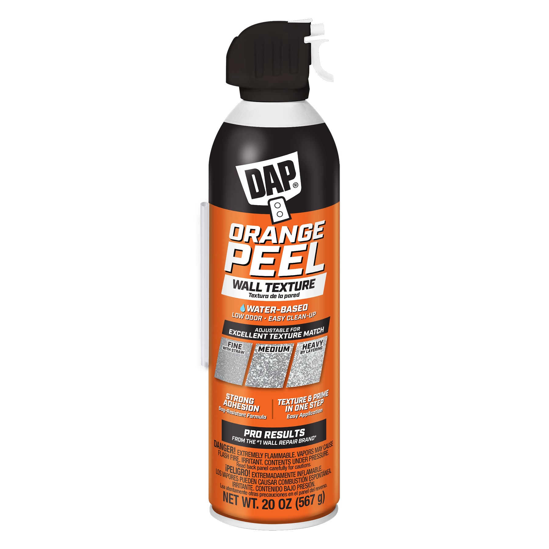 A 20 oz can of DAP Spray Texture Orange Peel Water Based Wall Texture Quick Repair features a black spray nozzle and orange-black label for easy drywall repairs with strong adhesion.