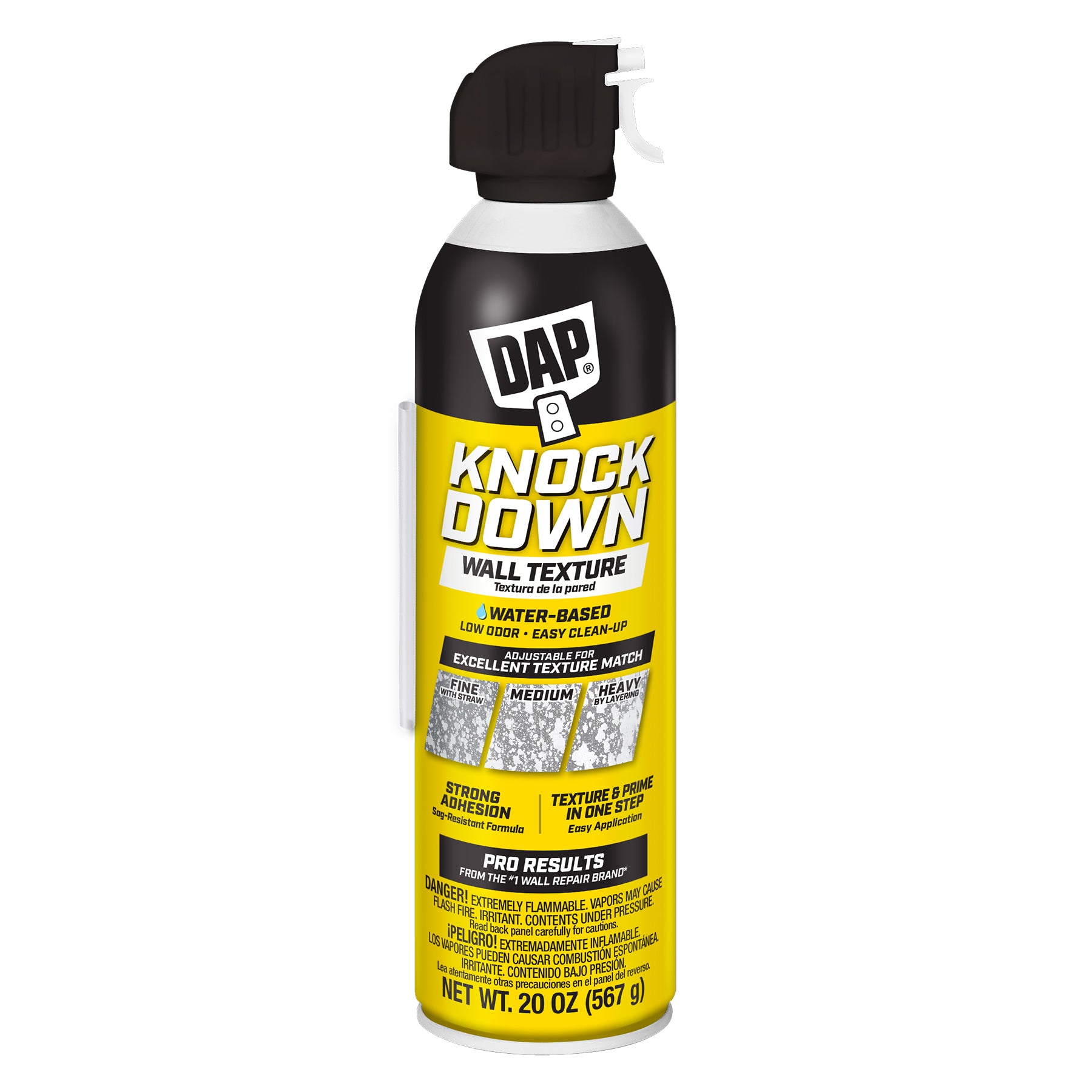 A 20 oz can of DAP Spray Texture Knockdown Water Based Wall Texture Quick Repair by DAP, ideal for drywall repair. Features strong adhesion and pro results with a black cap and yellow label.