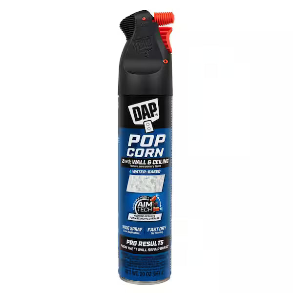 The DAP Ceiling Spray Texture Popcorn Water Based 20-oz lets you create popcorn texture finishes on walls and ceilings. Features a black and red spray nozzle with a blue label.