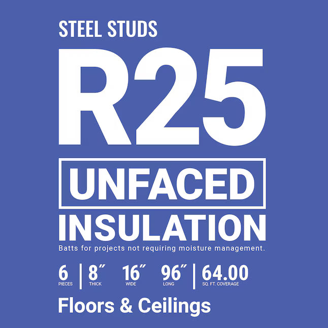 Blue label for Owens Corning R25 16"x96" Attic Unfaced Fiberglass Batt Insulation, 6 pieces per pack, 8" thick, 16" wide, covering 64 sq. ft.—ideal for attic floors and ceilings where moisture control isn't needed.