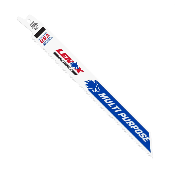 The image displays a LENOX BI-METAL 20580810R 8 in. reciprocating saw blade with 10 TPI for general-purpose cutting, featuring LEMAX and MULTI PURPOSE labeling, a serrated edge, a blue horse head logo, and an American flag. Suitable for wood, metal, and plastic (5-Pack).