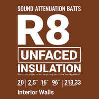 Owens Corning label for R8 16 in. x 96 in. Unfaced Fiberglass Batt Insulation, 20 pieces, covers 213 sq. ft., each batt is 2.5” thick; ideal for interior walls and sound attenuation—consider Owens Corning PINK Next Gen products.