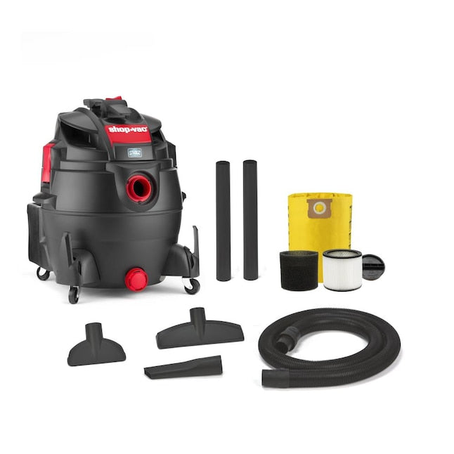 A Shop-Vac 16-Gallon 6.5-HP Corded Wet/Dry Shop Vacuum is presented in black and red, featuring a variety of attachments such as extension wands, filters, a hose, and nozzles. This versatile model is perfect for both wet and dry cleaning needs, with all accessories arranged neatly around it.