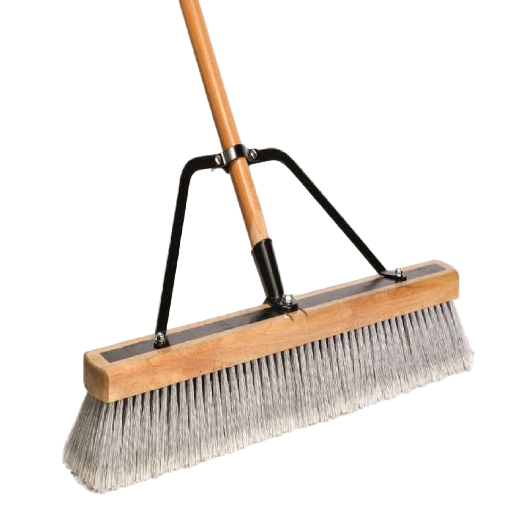 The DQB 09936 Contractor Push Broom by DQB features a 24 in. gray poly head, 64 in. wood handle, black metal braces, and thick bristles—perfect for indoor or outdoor sweeping. Shown isolated on a white background.