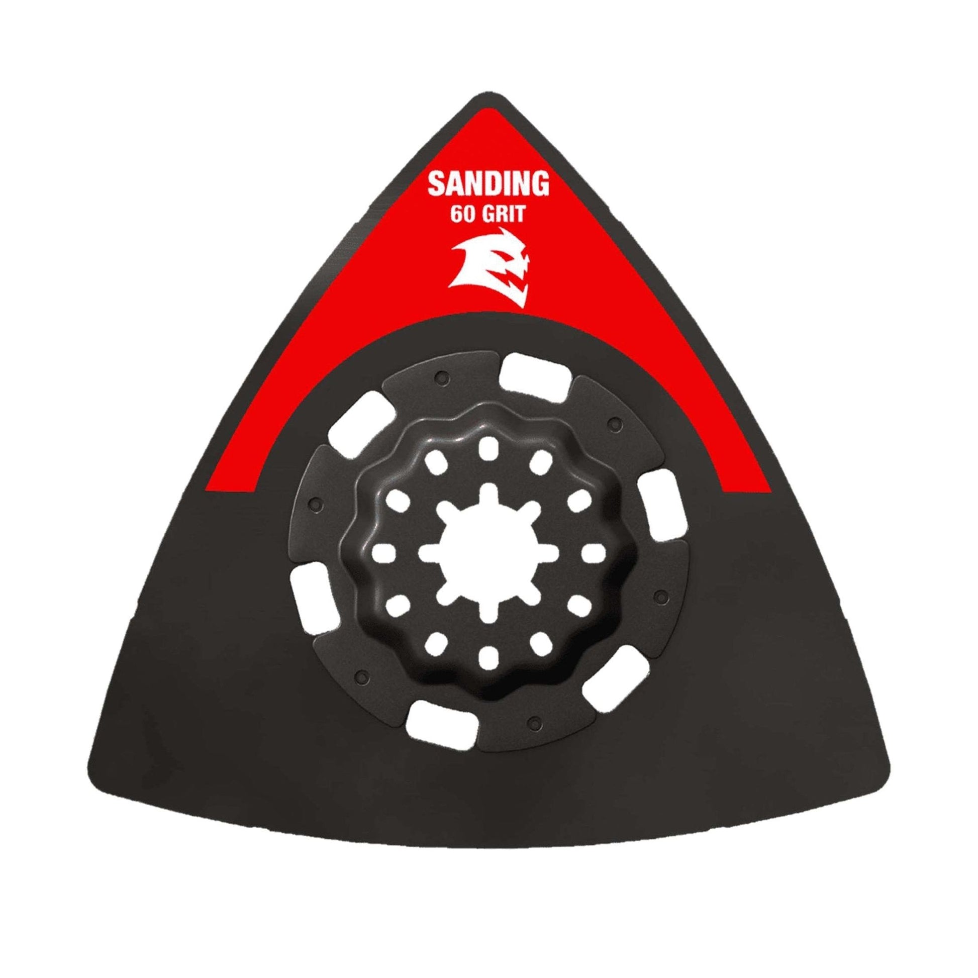 The DIABLO DOS60CGSP 3-1/2 in. 60-Grit Starlock Oscillating Sanding Plate by Diablo features a triangular shape with a central metal mount, black pad with red Sanding 60 Grit label, and durable carbide grit.