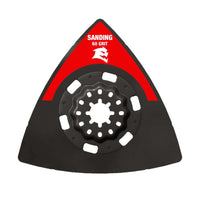 The DIABLO DOS60CGSP 3-1/2 in. 60-Grit Starlock Oscillating Sanding Plate by Diablo features a triangular shape with a central metal mount, black pad with red Sanding 60 Grit label, and durable carbide grit.