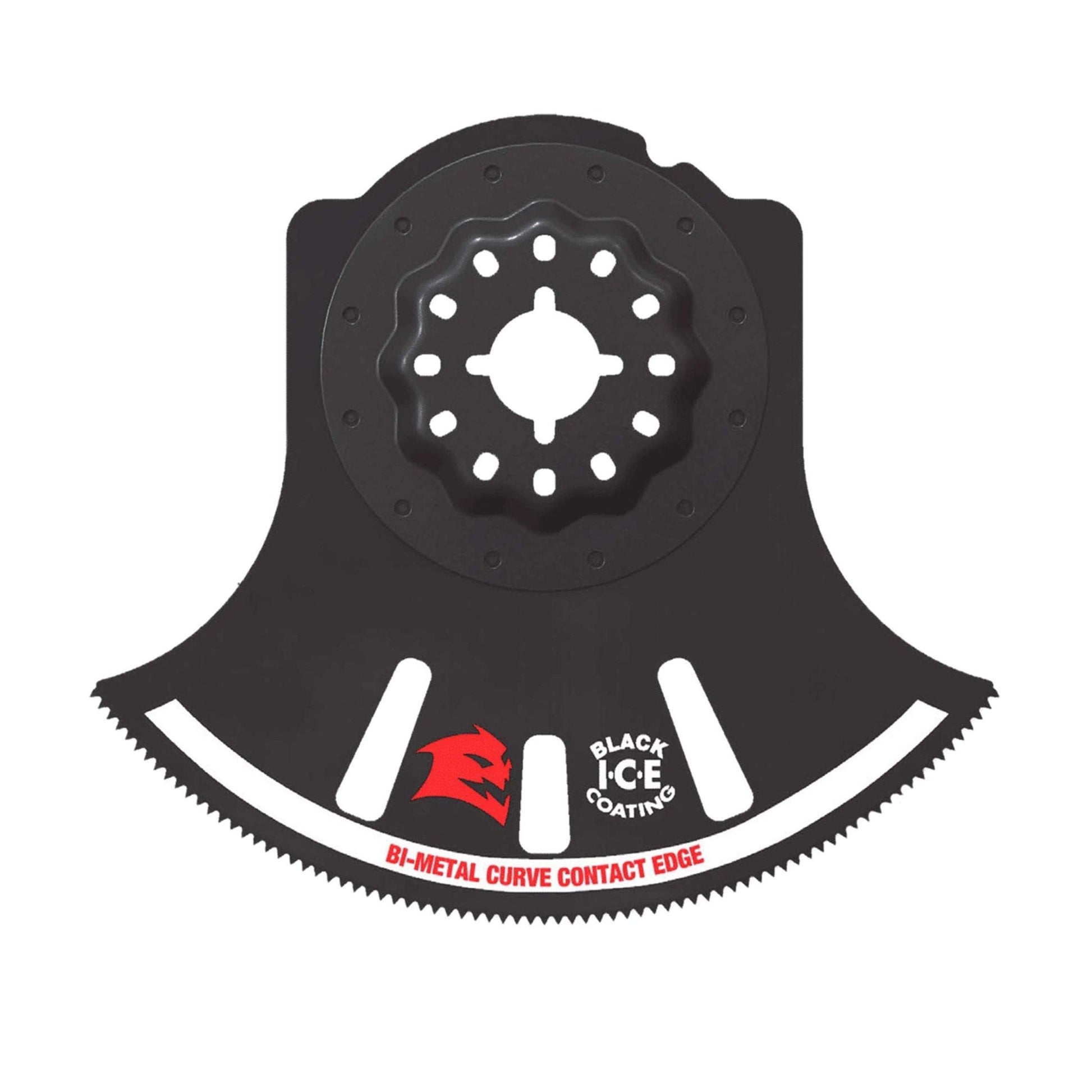 The DIABLO DOS350RBGP 3-1/2 in. Demo Demon™ Starlock blade, by Diablo, is black with a curved ultra-hardened edge and central circular attachment point. It features Black I.C.E Coating and Bi-Metal Curve Contact Edge labels for general purpose cuts.