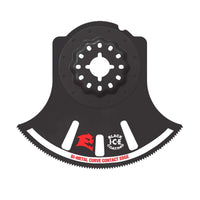 The DIABLO DOS350RBGP 3-1/2 in. Demo Demon™ Starlock blade, by Diablo, is black with a curved ultra-hardened edge and central circular attachment point. It features Black I.C.E Coating and Bi-Metal Curve Contact Edge labels for general purpose cuts.