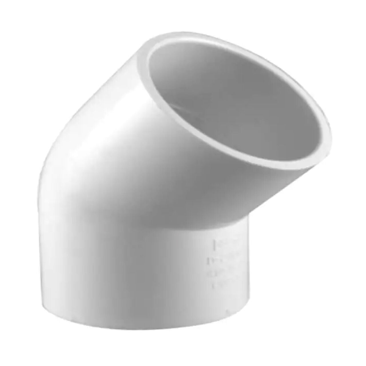 The Go Build 1-1/2 in. PVC Schedule 40 45-Degree Elbow lets you easily change pipe direction in plumbing or irrigation systems. This white PVC fitting is shown against a plain white background.