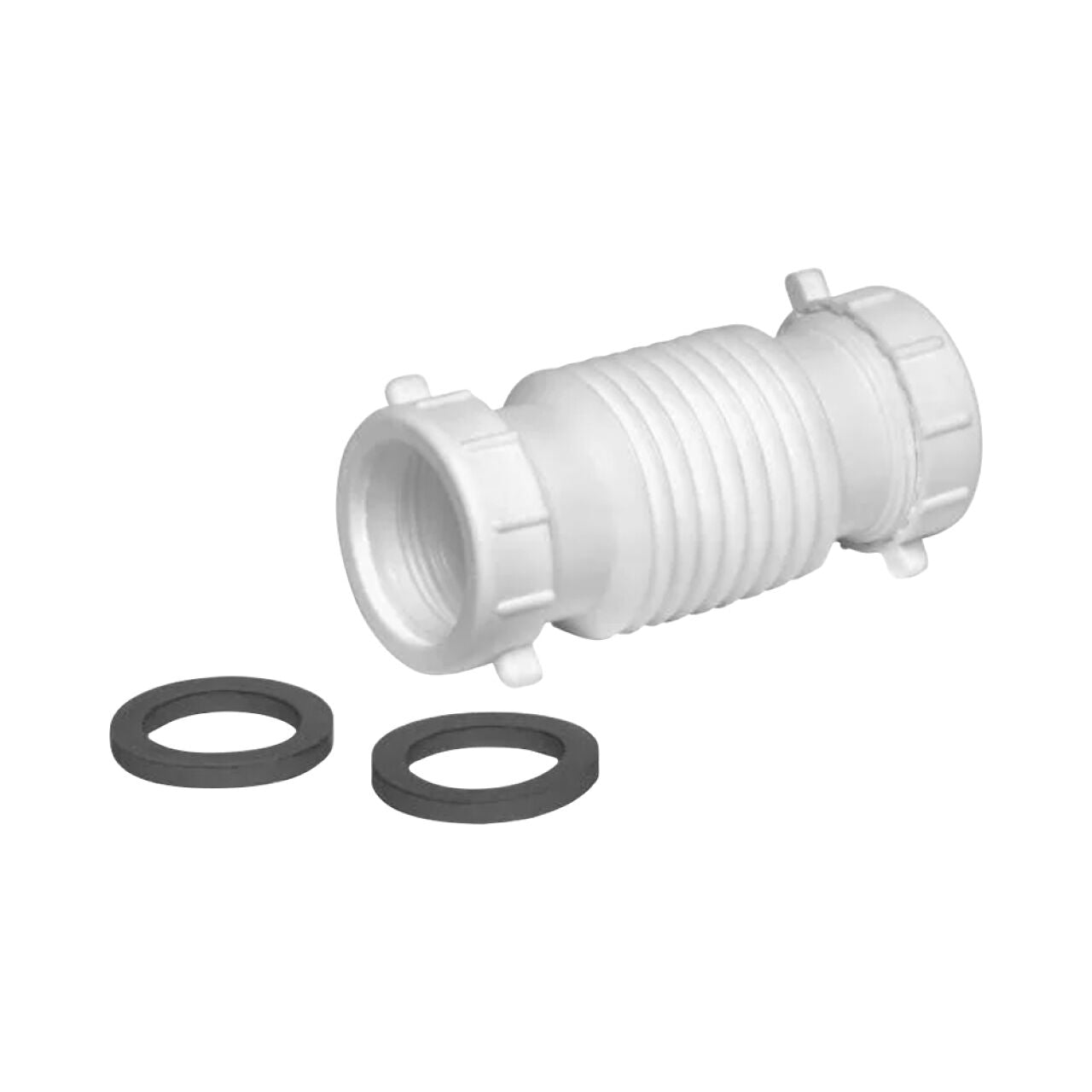 The Go Build 1-1/2 in. x 1-1/2 in. White Plastic Double Slip-Joint Coupling includes threaded ends, slip joint nuts, and two black rubber washers, shown on a plain white background. Brand: Go Build, The Fastest Way To Build.