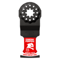 The DIABLO DOS125CGP3 1-1/4 in. AMPED™ Demo Demon™ Starlock blades feature carbide teeth and a Curve Contact Edge for longer cutting life. The black blade with red and white labeling states General Purpose, Black I.C.E. and shows a white eagle head graphic, compatible with Starlock systems.