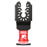 The Diablo DOU125CGP3 AMPED™ Demo Demon™ 1-1/4 in. oscillating blade, in black and red, features a curved edge and carbide teeth for durability. With its jagged top for precision, Black Ice Carbide Teeth text on the blade promises universal fitment for varied tasks. Comes in a 3-pack.