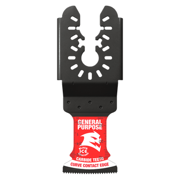 The Diablo DOU125CGP3 AMPED™ Demo Demon™ 1-1/4 in. oscillating blade, in black and red, features a curved edge and carbide teeth for durability. With its jagged top for precision, Black Ice Carbide Teeth text on the blade promises universal fitment for varied tasks. Comes in a 3-pack.