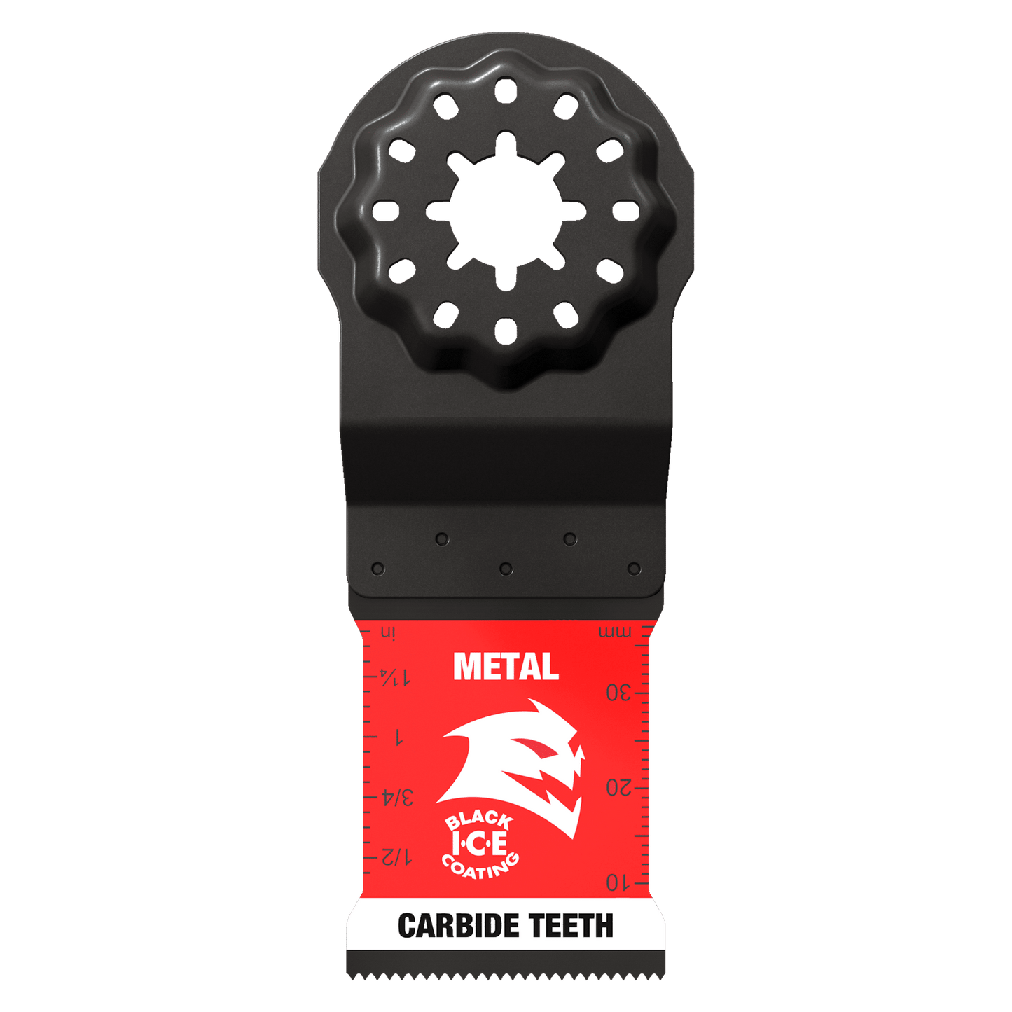 The DIABLO DOS125CF3 1-1/4 in. AMPED™ Steel Demon™ oscillating blade features a star-shaped mounting hole for Starlock tools, with carbide teeth marked Metal and Black Ice Coating paired with a stylized animal logo, ideal for metal cutting tasks in red and black.