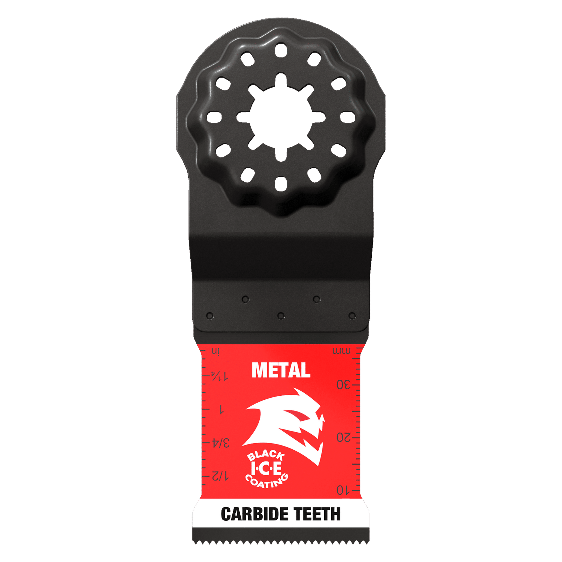The DIABLO DOS125CF3 1-1/4 in. AMPED™ Steel Demon™ oscillating blade features a star-shaped mounting hole for Starlock tools, with carbide teeth marked Metal and Black Ice Coating paired with a stylized animal logo, ideal for metal cutting tasks in red and black.