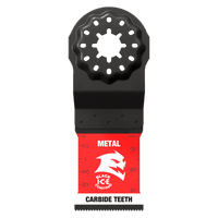 The DIABLO DOS125CF3 1-1/4 in. AMPED™ Steel Demon™ oscillating blade features a star-shaped mounting hole for Starlock tools, with carbide teeth marked Metal and Black Ice Coating paired with a stylized animal logo, ideal for metal cutting tasks in red and black.