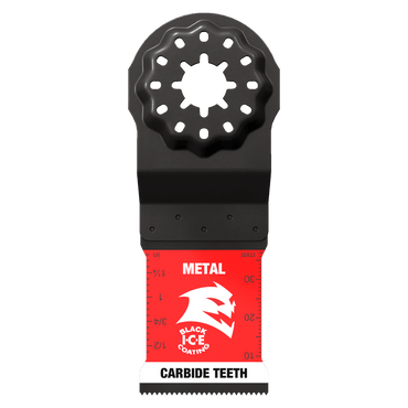 The DIABLO DOS125CF3 1-1/4 in. AMPED™ Steel Demon™ oscillating blade features a star-shaped mounting hole for Starlock tools, with carbide teeth marked Metal and Black Ice Coating paired with a stylized animal logo, ideal for metal cutting tasks in red and black.