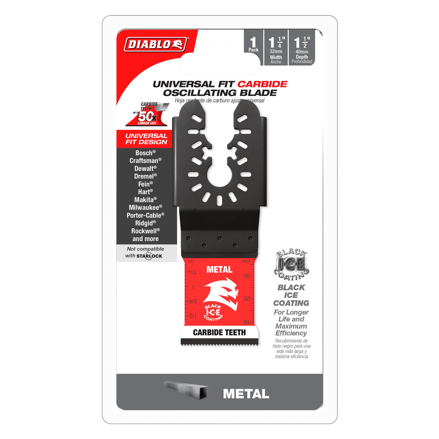 The DIABLO DOU125CF 1-1/4 in. AMPED™ Steel Demon™ Oscillating Blade boasts extreme durability with carbide teeth and a black ice coating. Its universal fit tackles different widths and materials, while a clear blade image is prominent on the Diablo packaging.
