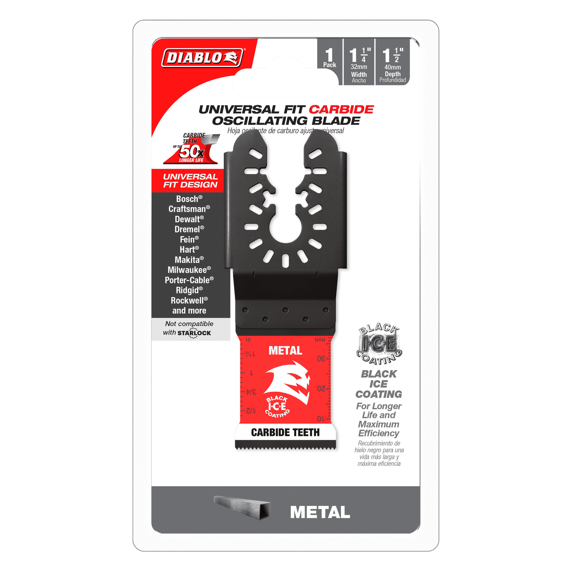 The DIABLO DOU125CF 1-1/4 in. AMPED™ Steel Demon™ Oscillating Blade boasts extreme durability with carbide teeth and a black ice coating. Its universal fit tackles different widths and materials, while a clear blade image is prominent on the Diablo packaging.