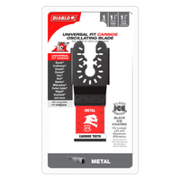 The DIABLO DOU125CF 1-1/4 in. AMPED™ Steel Demon™ Oscillating Blade boasts extreme durability with carbide teeth and a black ice coating. Its universal fit tackles different widths and materials, while a clear blade image is prominent on the Diablo packaging.