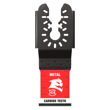 Close-up of DIABLO DOU125CF3 1-1/4 in. AMPED™ Steel Demon™ Blade, U-shaped for universal fit with Metal and Carbide Teeth in white on red, featuring a Black Ice Coating label and a stylized flame denoting extreme durability.