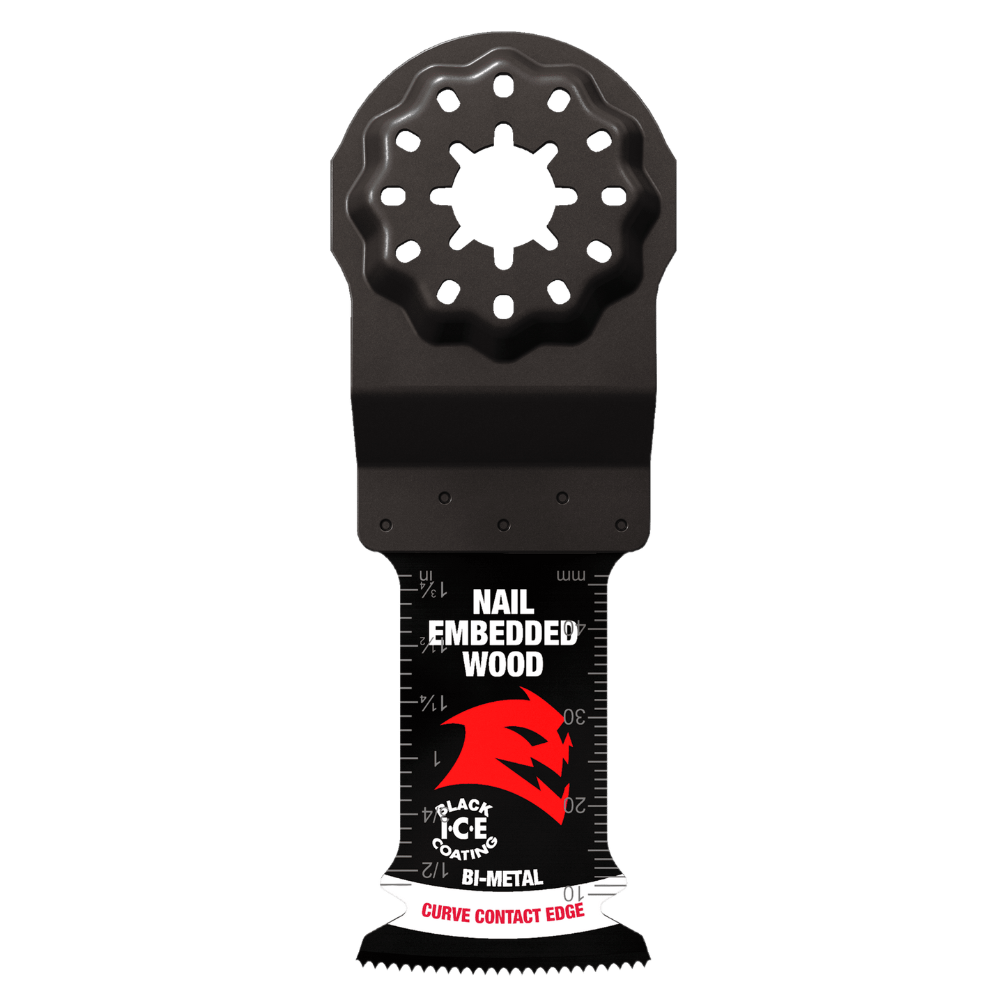 Diablos DIABLO DOS125BW3 1-1/4 in. Demo Demon™ Bi-Metal Oscillating Blades for Nail-Embedded Wood offer an ultra-hardened cutting edge, black ice coating symbol, and curve contact edge text with a star-shaped mount compatible with Starlock tools.