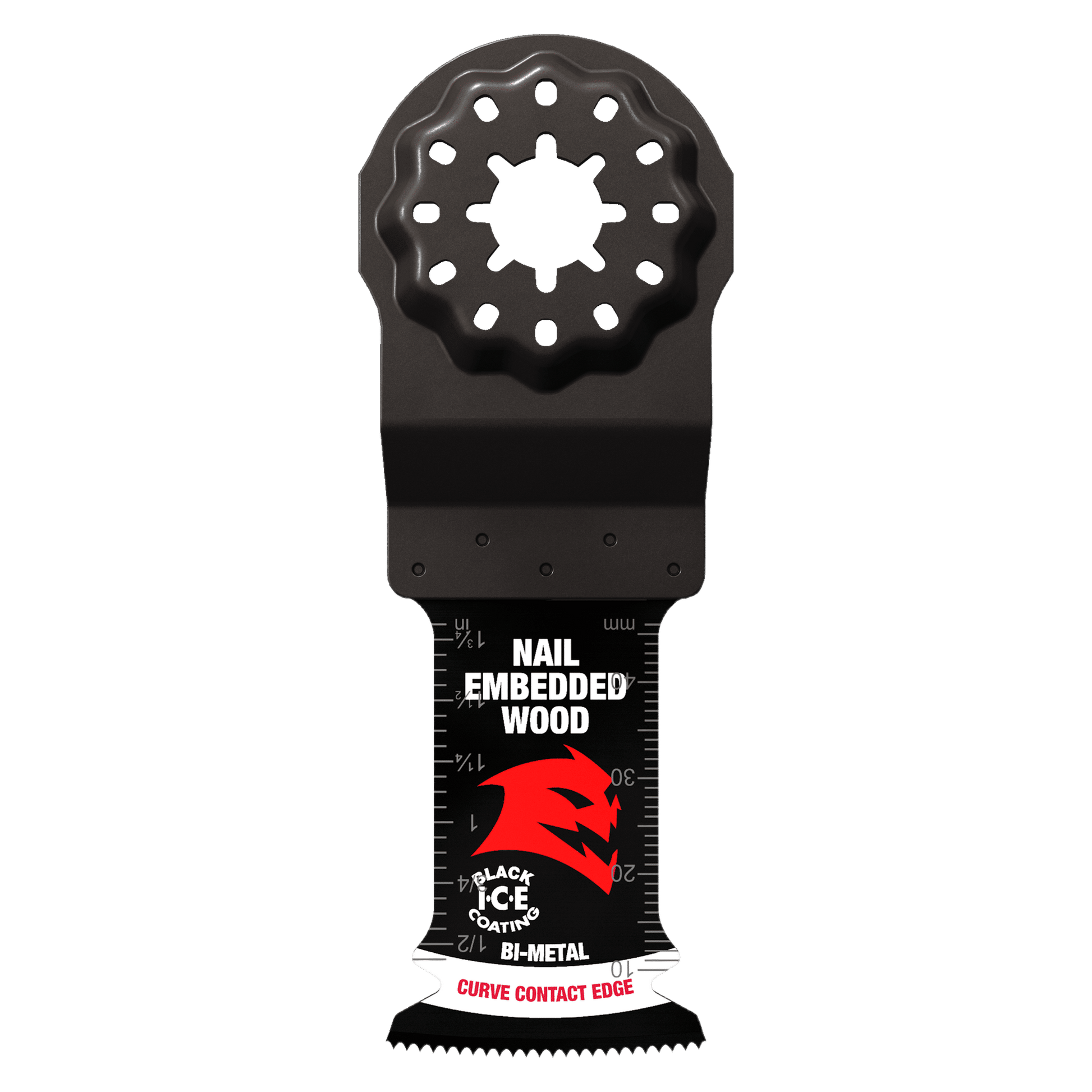 Diablos DIABLO DOS125BW3 1-1/4 in. Demo Demon™ Bi-Metal Oscillating Blades for Nail-Embedded Wood offer an ultra-hardened cutting edge, black ice coating symbol, and curve contact edge text with a star-shaped mount compatible with Starlock tools.