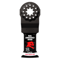 Diablos DIABLO DOS125BW3 1-1/4 in. Demo Demon™ Bi-Metal Oscillating Blades for Nail-Embedded Wood offer an ultra-hardened cutting edge, black ice coating symbol, and curve contact edge text with a star-shaped mount compatible with Starlock tools.