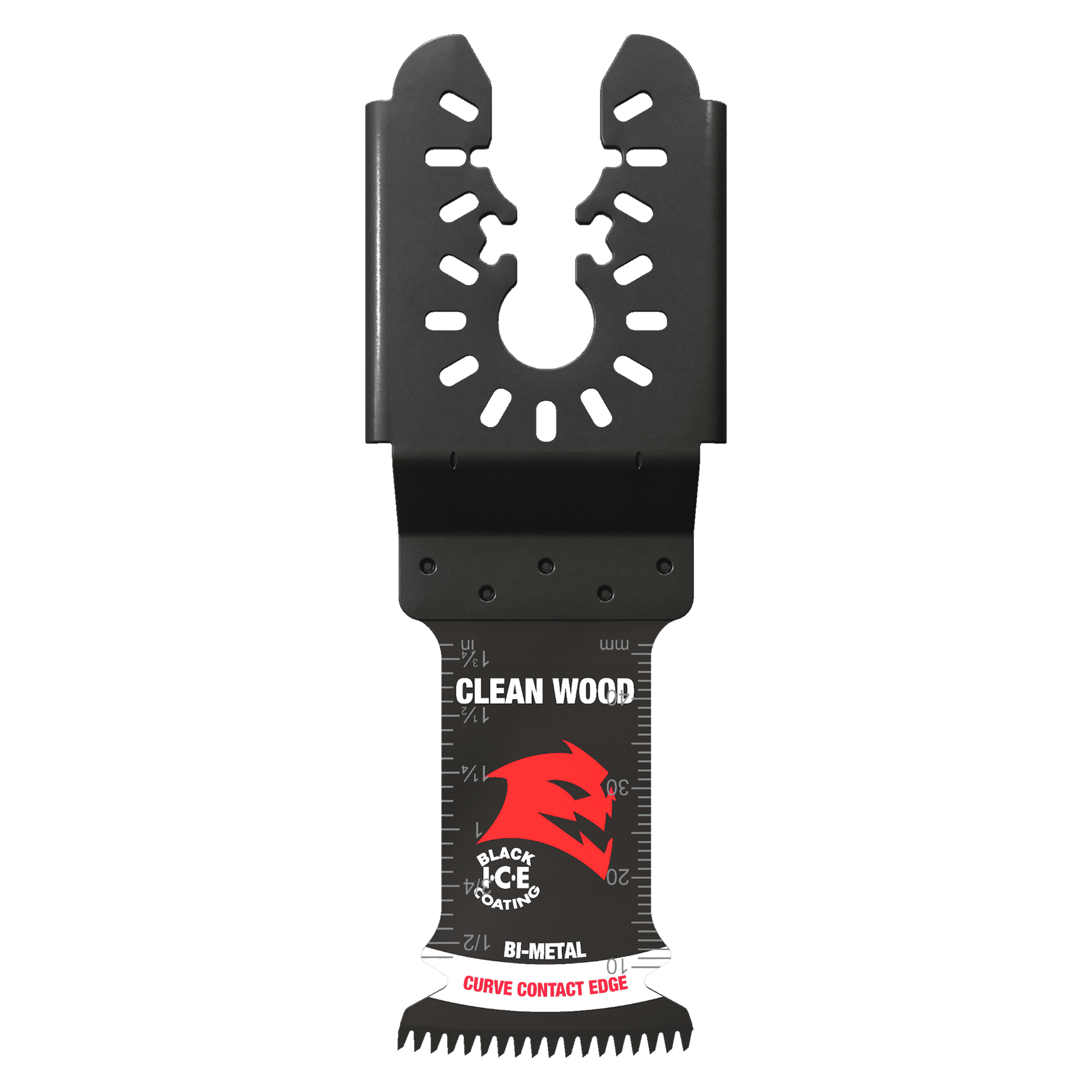 The DIABLO DOU125JBW3 Demo Demon™ 1-1/4 in. oscillating blades for clean wood come in a 3-pack, featuring the red wolf logo, ultra-hardened edge with Black I.C.E. coating, silver bi-metal curve contact edge with measurement lines, and a black attachment point for universal fit.