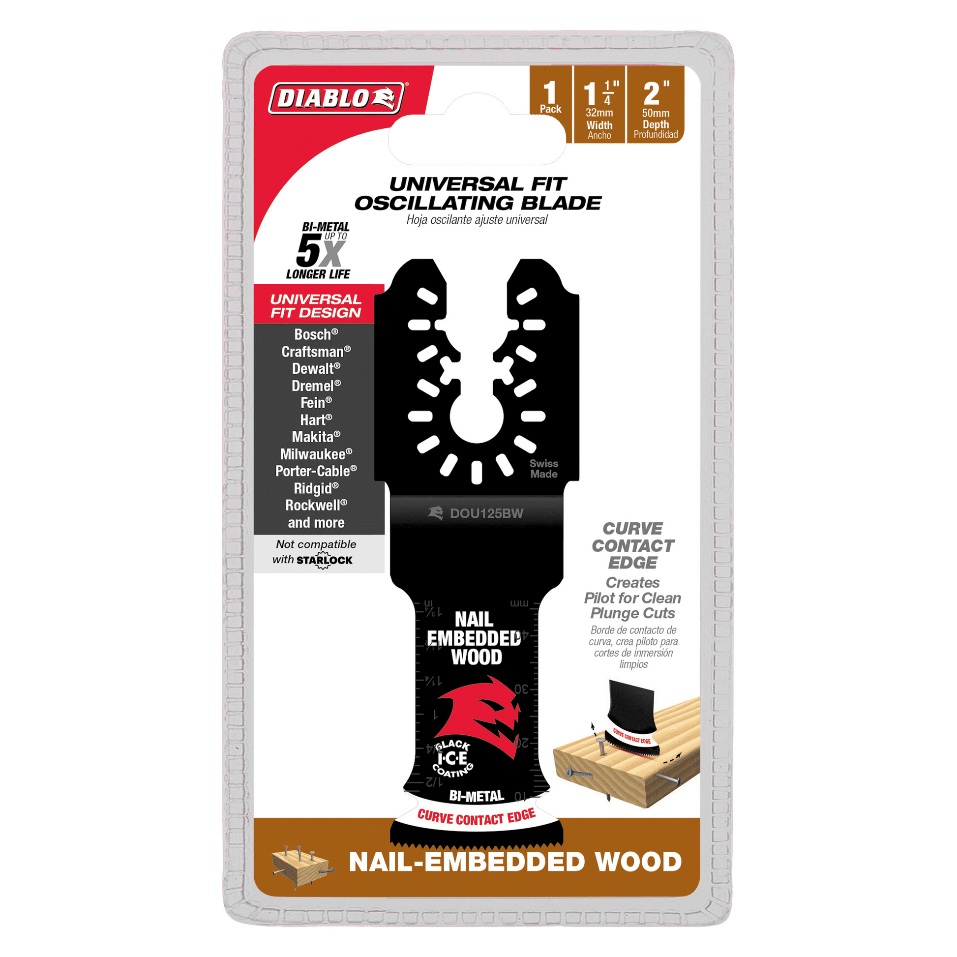 The DIABLO DOU125BW Demo Demon™ blade features packaging with tool compatibility markings, a 1-1/4 inch cutting width, and details on its Black I.C.E. coating and curve contact edge for an ultra-hardened edge, perfect for cutting nail-embedded wood.