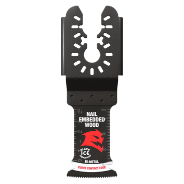 Meet the Diablo Demo Demon™ oscillating blade, boasting an ultra-hardened edge for nail-embedded wood. Its red and black design features measurement markings and a jagged top edge. This 1-1/4 in. universal fit blade guarantees precise cuts every time, available in a convenient 3-pack.