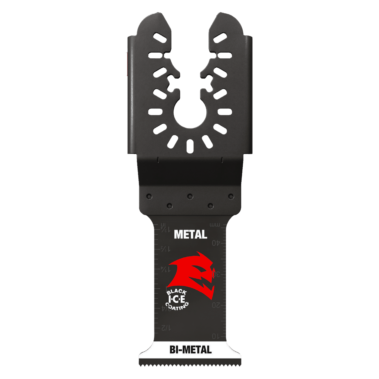 The Diablo DIABLO DOU125BF3 1-1/4 in. Steel Demon™ Universal Fit Bi-Metal Oscillating Blades for Metal (3-Pack) feature a black blade with a red dragon logo, ultra-hardened cutting edge, universal fitment, measurement markings, and the phrases Black Ice and PATENTED.