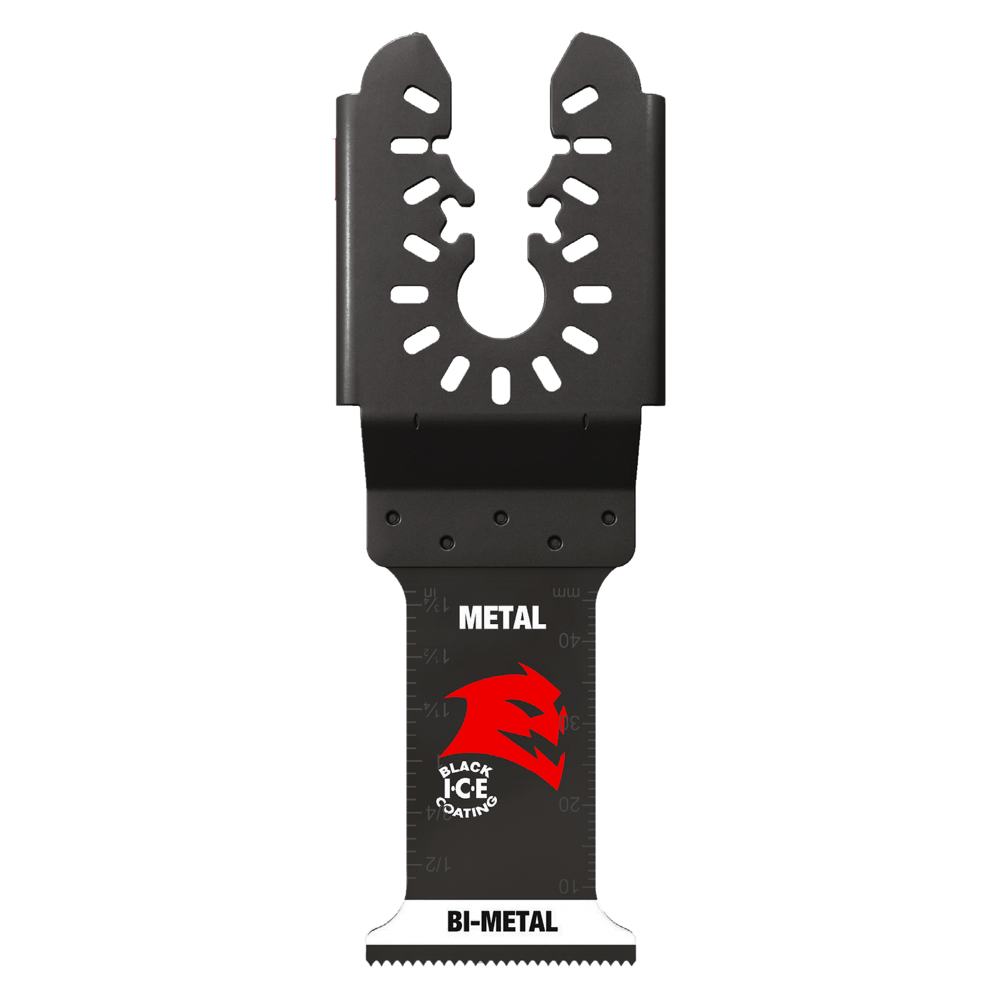 The Diablo DIABLO DOU125BF3 1-1/4 in. Steel Demon™ Universal Fit Bi-Metal Oscillating Blades for Metal (3-Pack) feature a black blade with a red dragon logo, ultra-hardened cutting edge, universal fitment, measurement markings, and the phrases Black Ice and PATENTED.