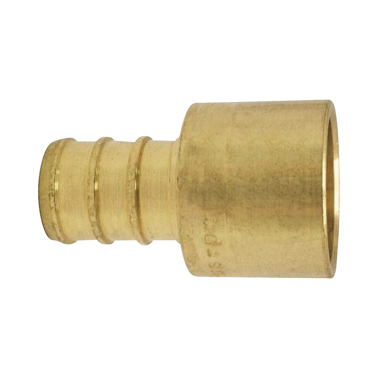 The Go Build 1/2 in. Brass PEX Barb x Female Copper Sweat Adapter features a smooth cylindrical body and ribbed, tapered barb for secure connections in PEX plumbing systems.