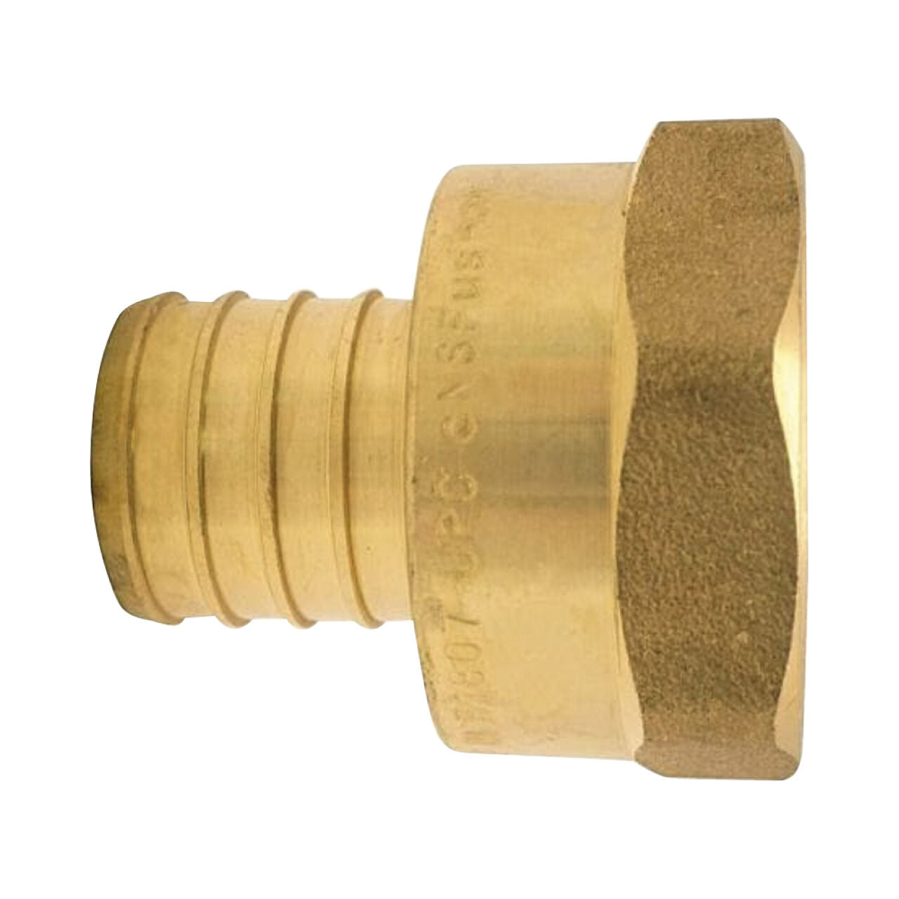 The Go Build 1/2 in. Brass PEX Barb x FPT Adapter features a hex nut and ribbed barb, ideal for connecting pipes or hoses in PEX plumbing systems.