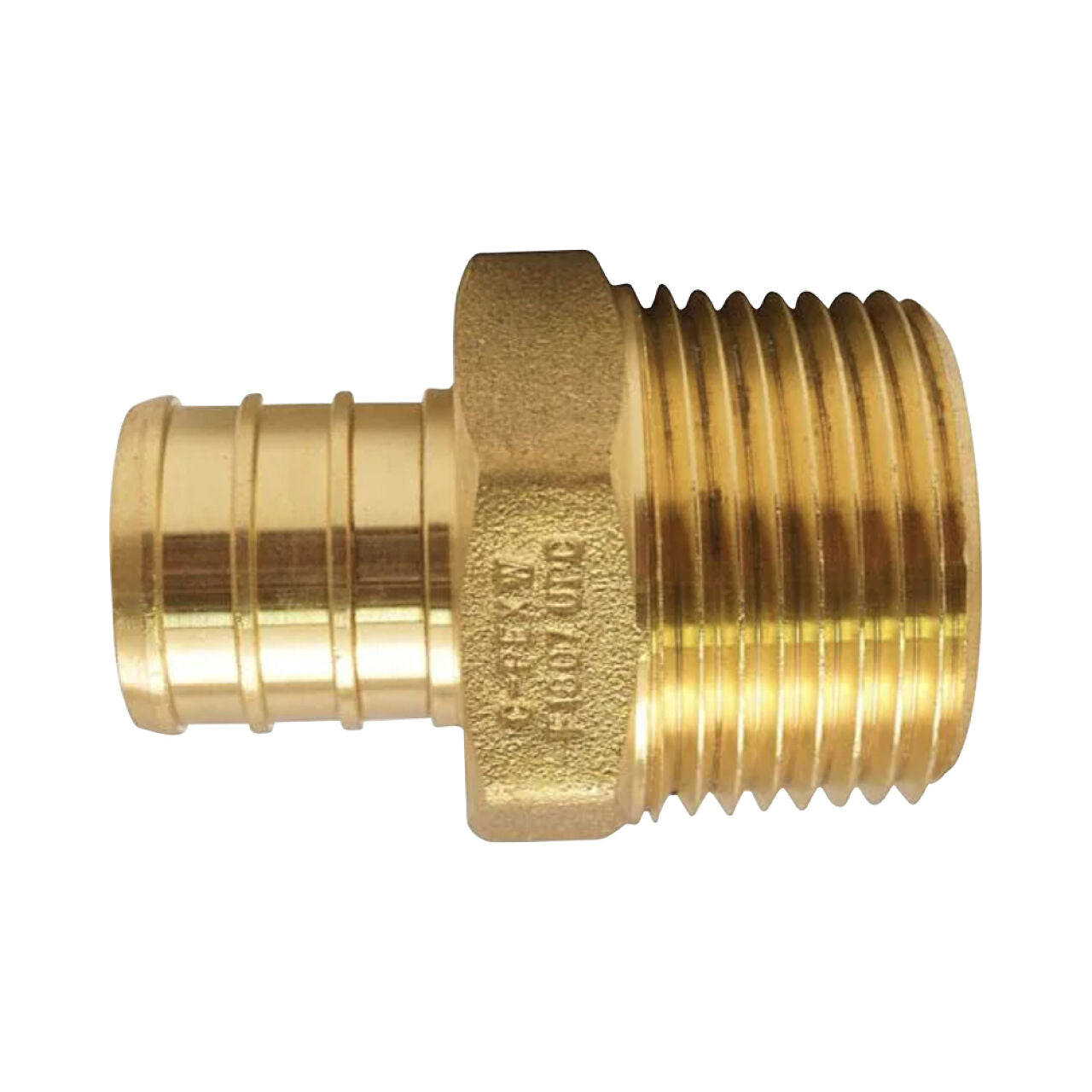 The Go Build 1/2 in. Brass PEX Barb x MPT Adapter is a lead-free fitting featuring a ribbed hose barb and a threaded male end, designed for PEX pipe connections, shown on a white background.